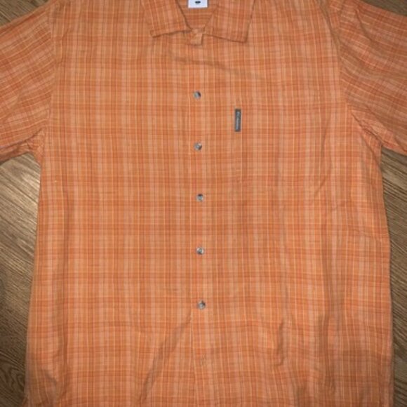 Columbia Mens Orange Short Sleeve Button Up Large Casual Shirt With Logo Pocket - Picture 2 of 7